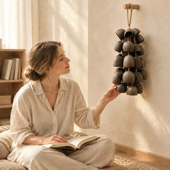 Woman reading beside a handmade salin water bellwood seed chime with dark brown bell-shaped pods hanging on a sunlit wall