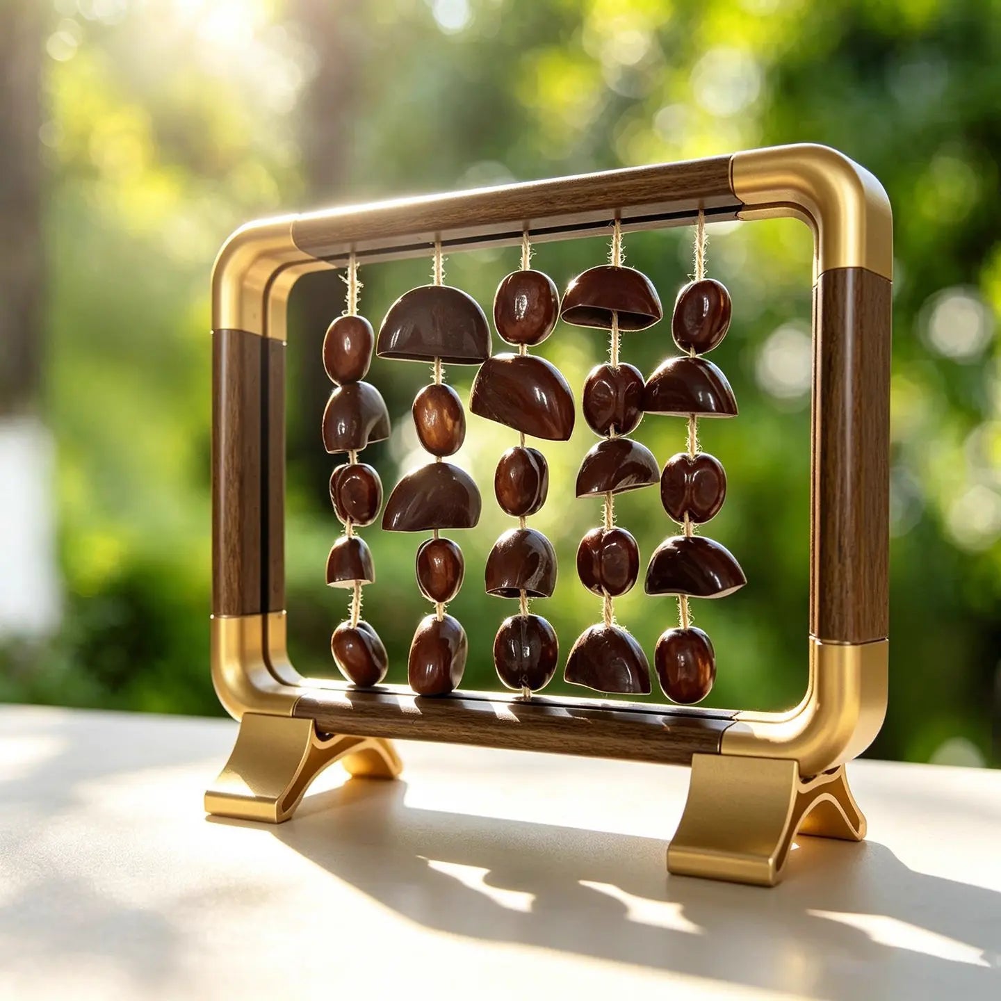 Morning Song detail — close-up showing seven-string multi-layer arrangement with large dark chocolate half-shells on top rows and whole oval seeds on bottom rows, 35+ pieces total