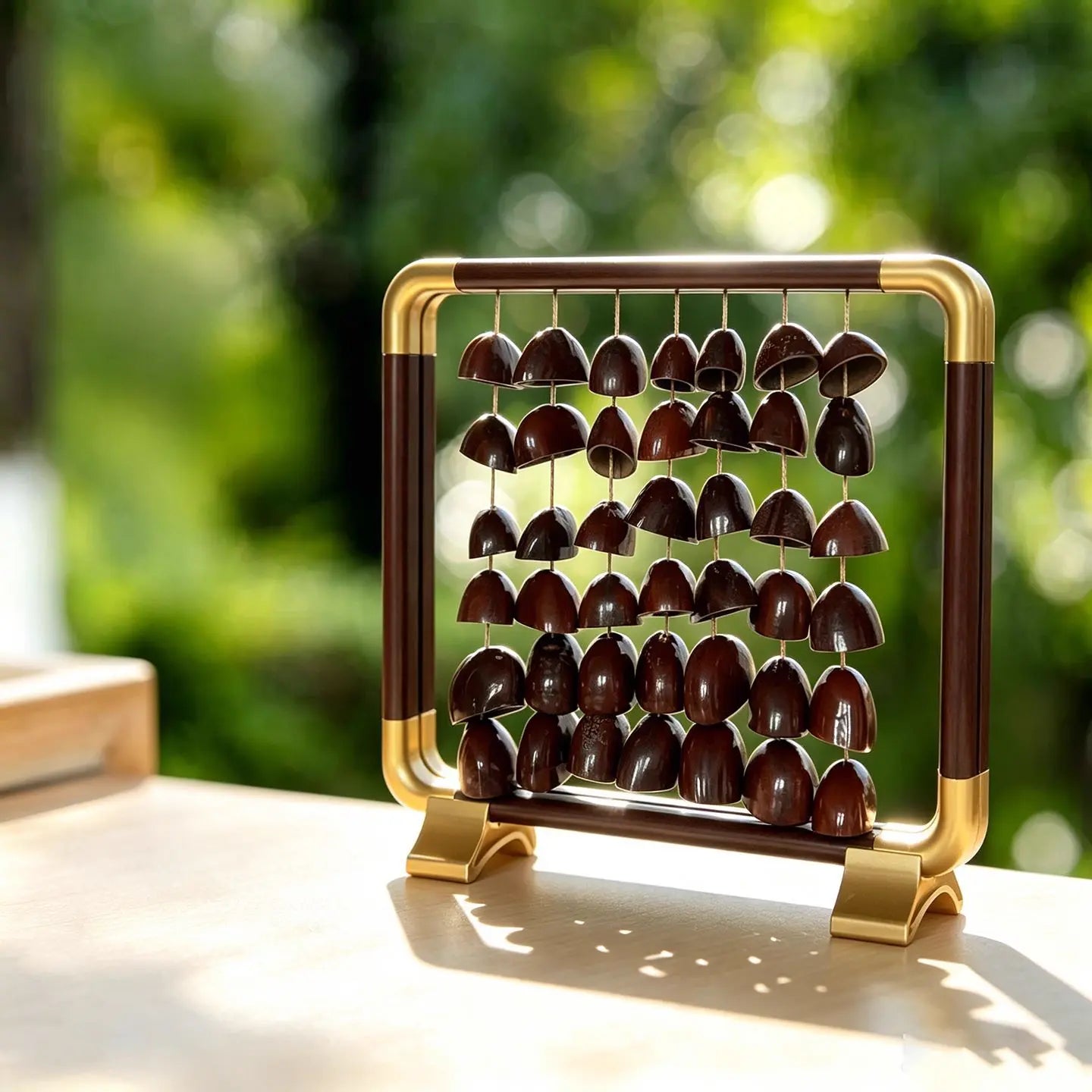 Ember Path — light walnut aluminum frame with gold corner accents, five strings of 15 large deeply textured whole nut seeds (4-5cm each), clear backlight on a wood desk