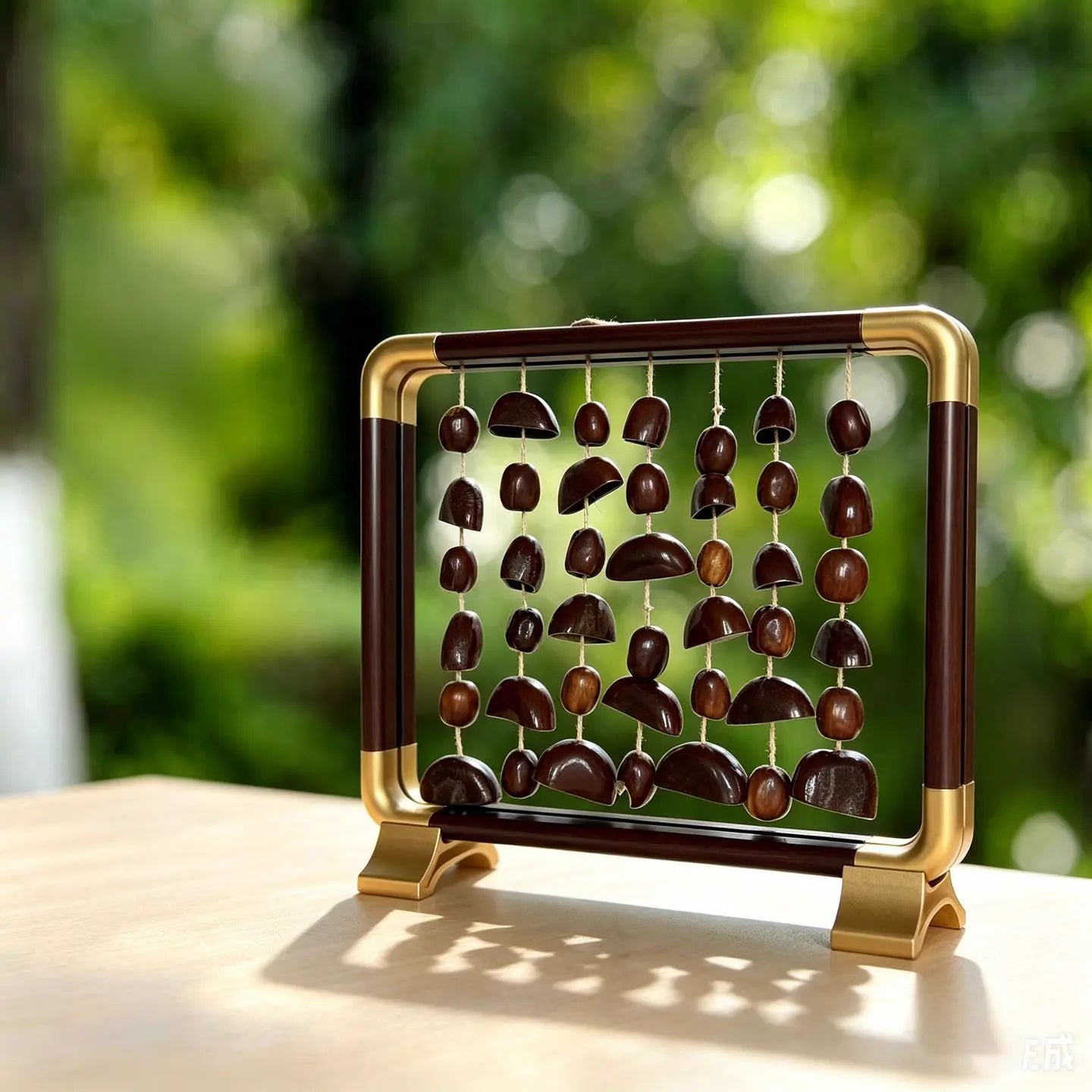 First Light — deep red-brown aluminum frame with gold corner accents, five strings of large dark chocolate half-shells on a light wood desk, green bokeh background
