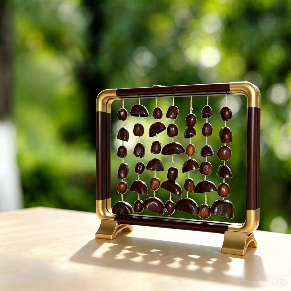 First Light — deep red-brown aluminum frame with gold corner accents, five strings of large dark chocolate half-shells on a light wood desk, green bokeh background