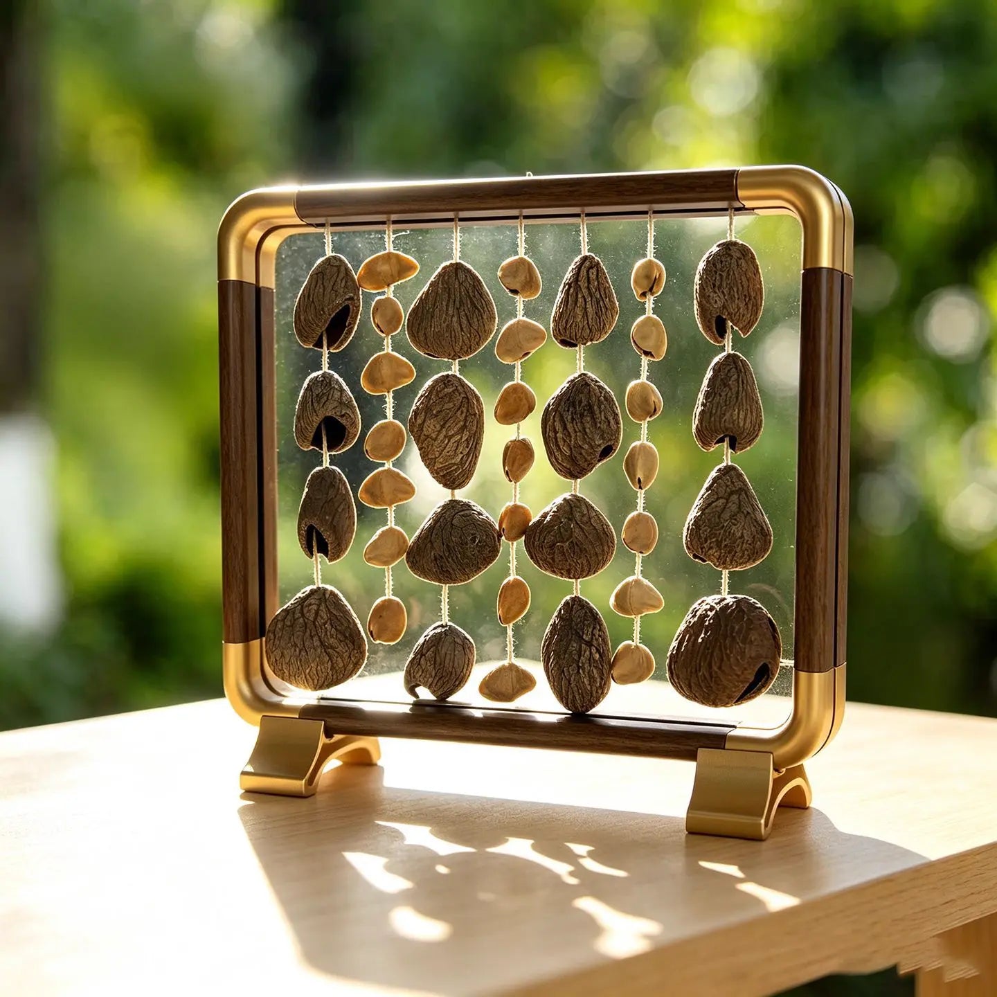 Morning Song — deep red-brown with gold corner accents, seven strings with 35+ dark chocolate shells in multiple rows, the fullest style, on a light wood desk