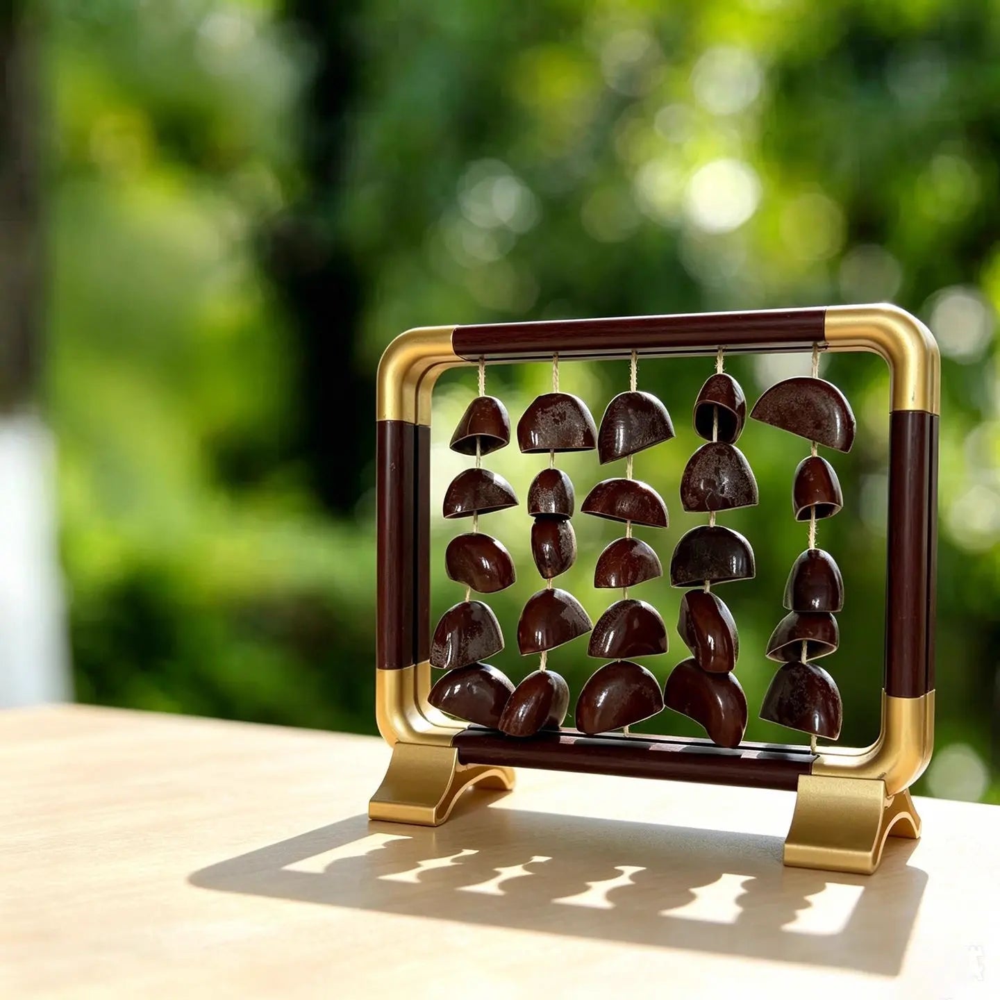 Dream Whisper — light walnut with gold corner accents and transparent acrylic backing, five strings alternating large dark textured seeds with small light tan rounded petals, luminous and airy