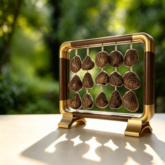 Spring Cadence — light walnut with gold corner accents, five strings mixing dark wrinkled large shells with pale ivory seed petals, backlit warm glow
