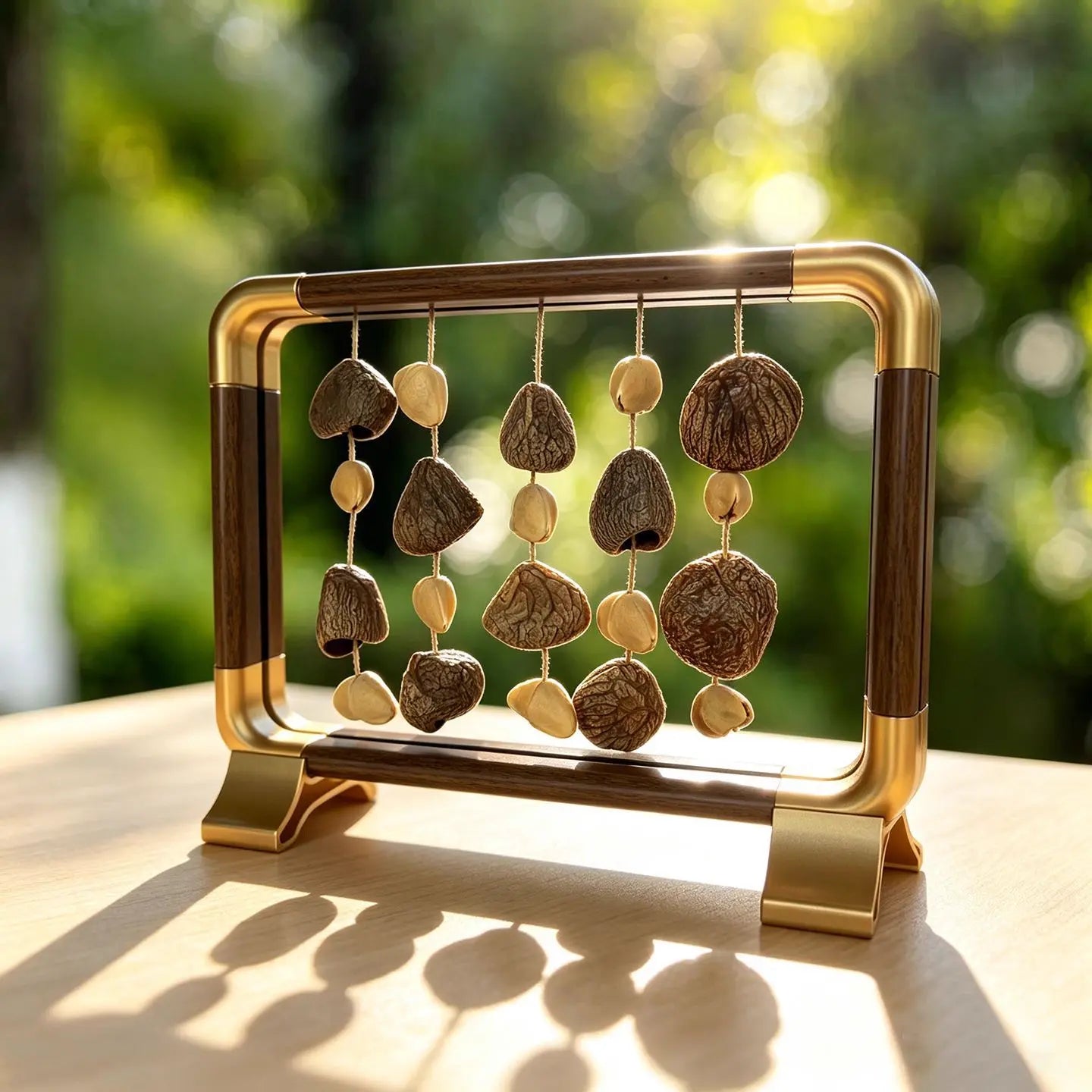 Wish of Ages — light walnut with gold corner accents, five strings of dark chocolate half-shells and whole oval seeds, backlit on a wood desk