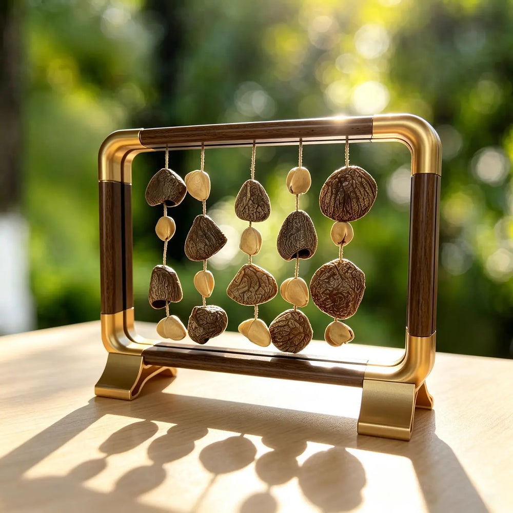 Wish of Ages — light walnut with gold corner accents, five strings of dark chocolate half-shells and whole oval seeds, backlit on a wood desk