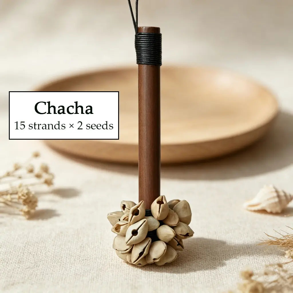 Chacha seed pod rattle variant — 15 strands, soft and airy sound