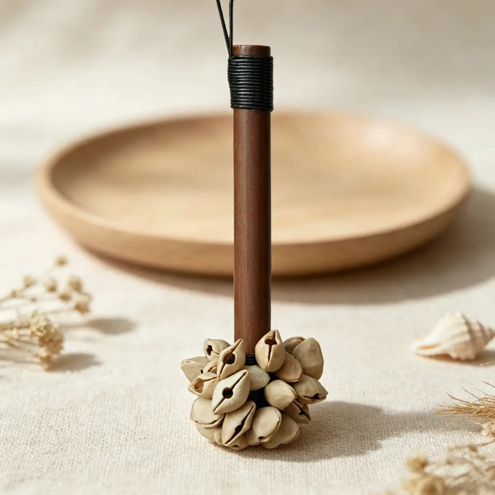 Seed pod rattle as a mindful handmade gift for meditation and sound lovers