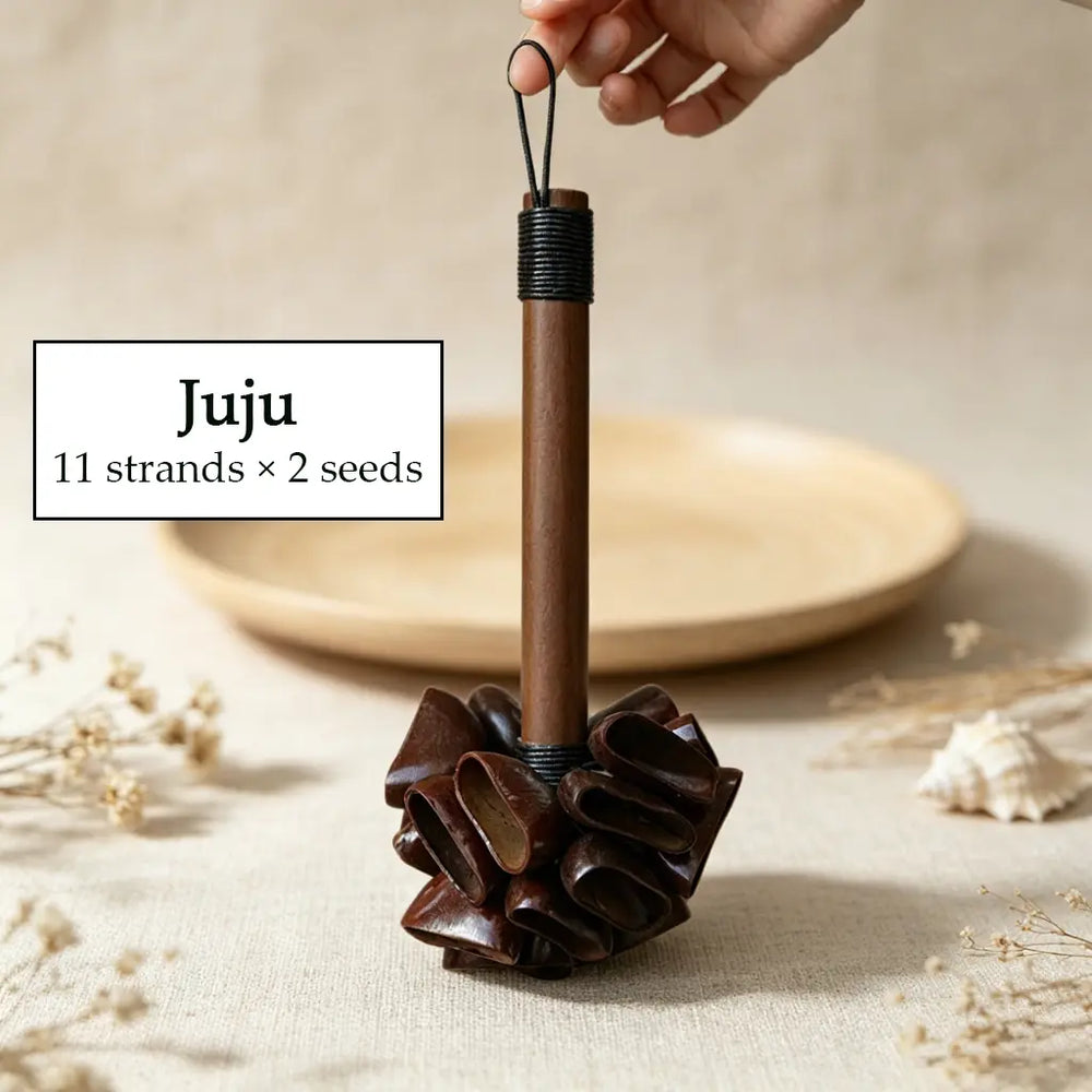 Juju seed pod rattle variant — 11 strands, deep and grounding sound