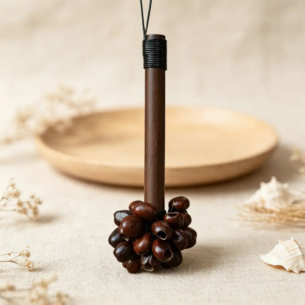 Close-up of dried natural seed pods strung on a smooth wooden handle