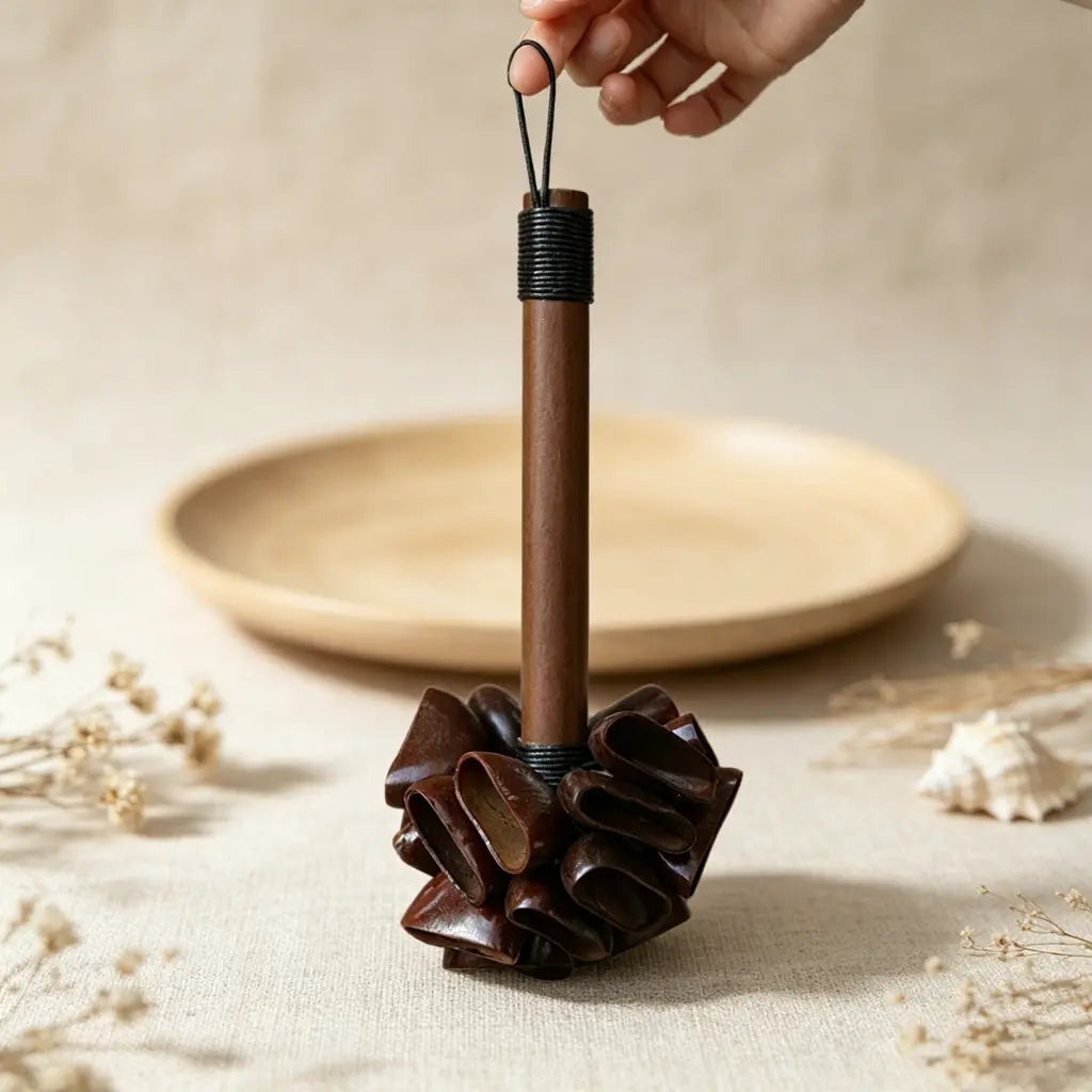 Seed pod rattle in a meditation space, played by hand for relaxation and sound healing