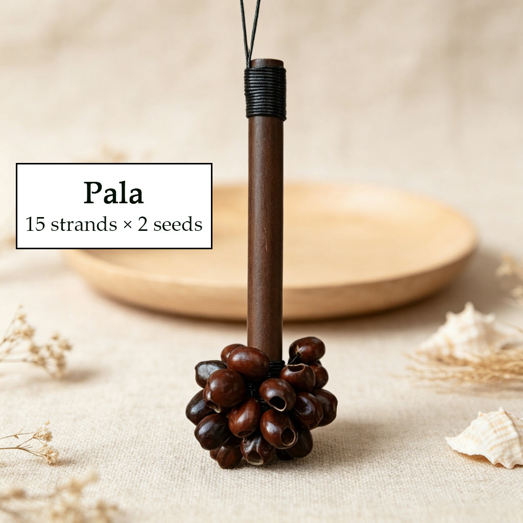 Pala seed pod rattle variant — 15 strands, bright and crisp sound