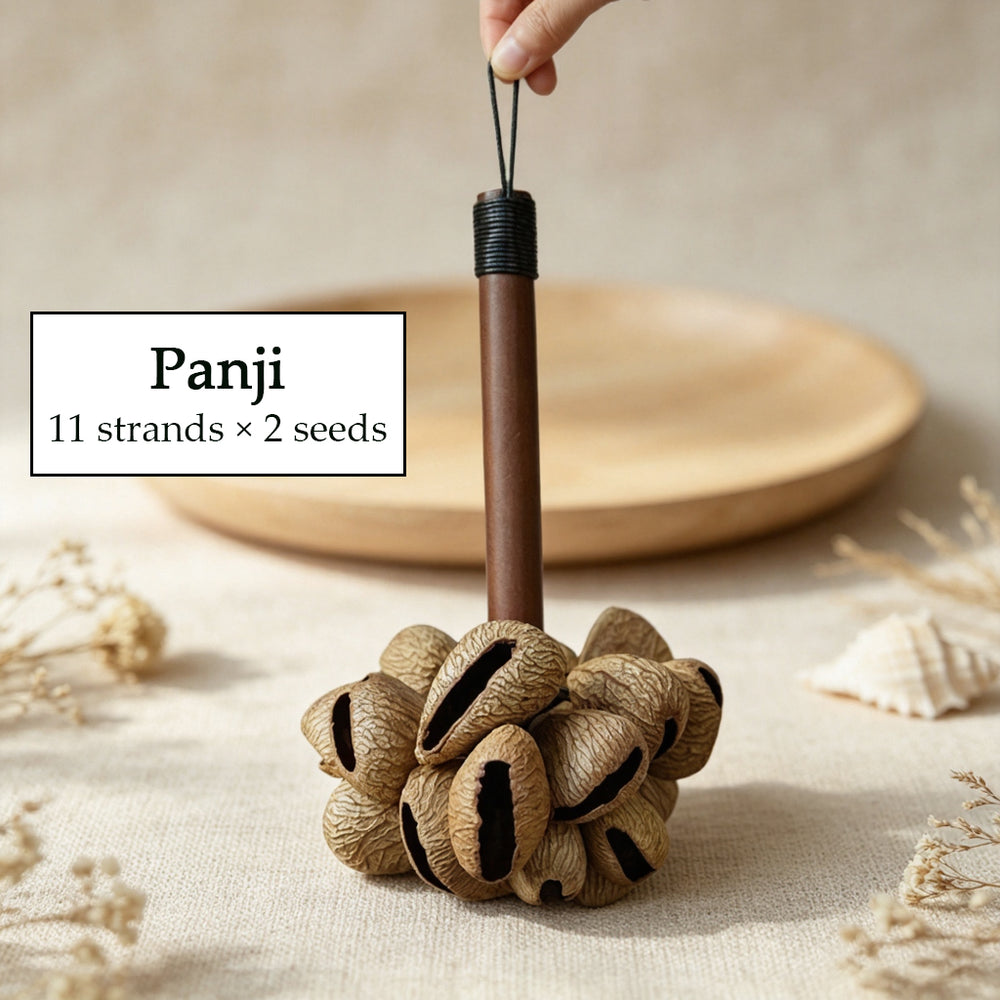 Panji seed pod rattle variant — 11 strands, warm and mellow sound
