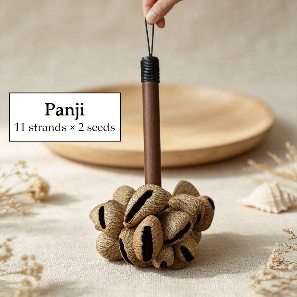 Panji seed pod rattle variant — 11 strands, warm and mellow sound