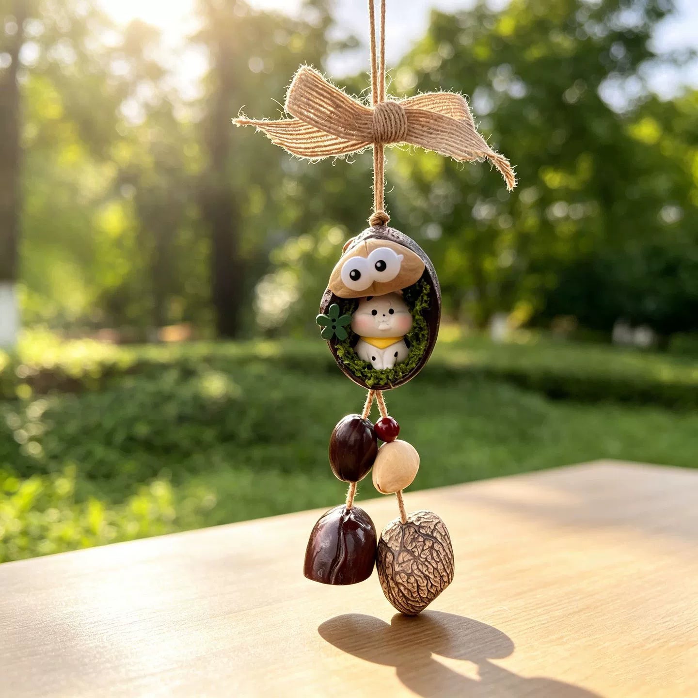 Dog zodiac chime — white puppy with a yellow scarf in a mossy nut shell nest with googly eyes and seed bells