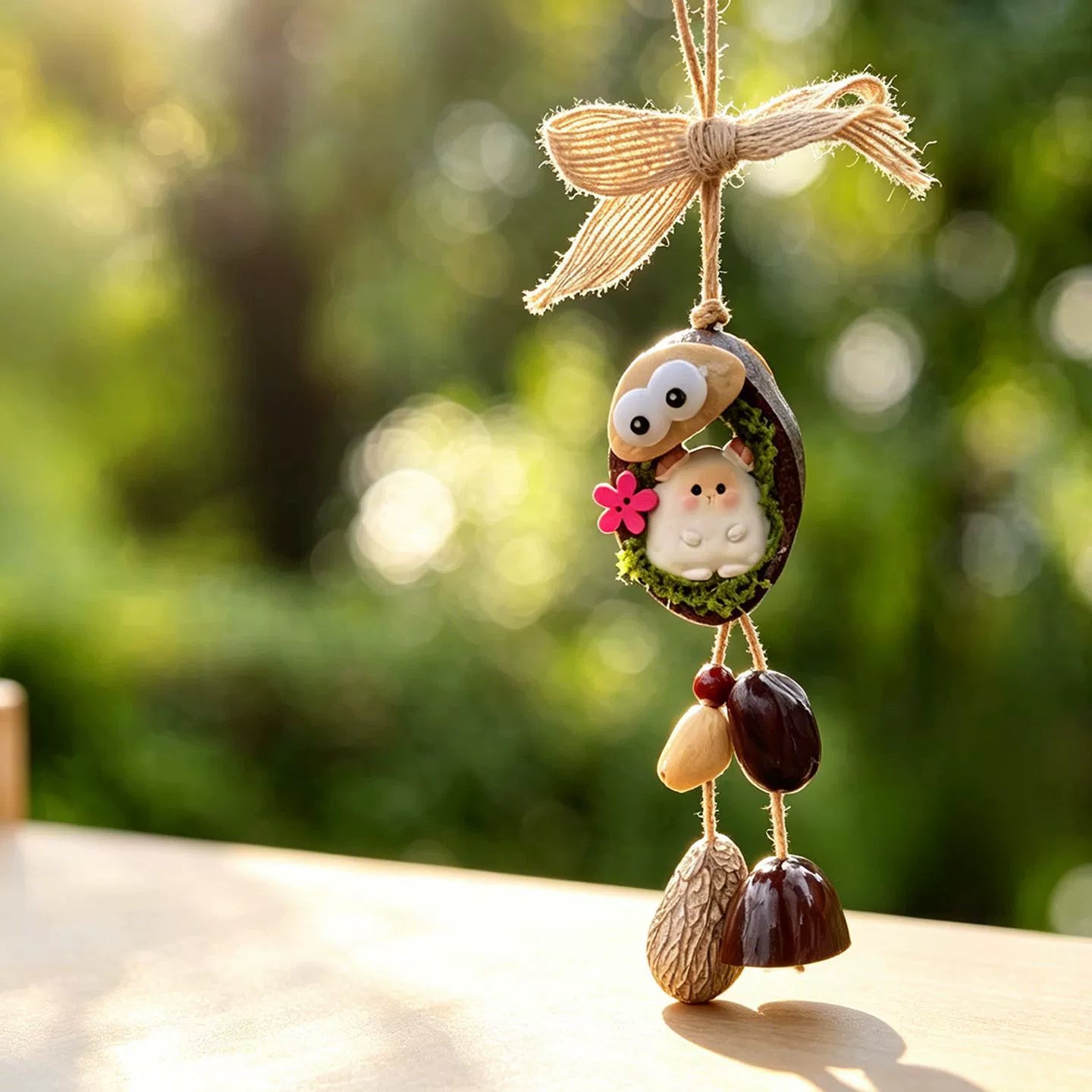 Goat zodiac chime — fluffy cream-white lamb in a mossy nut shell nest with googly eyes, jute bow and seed bells