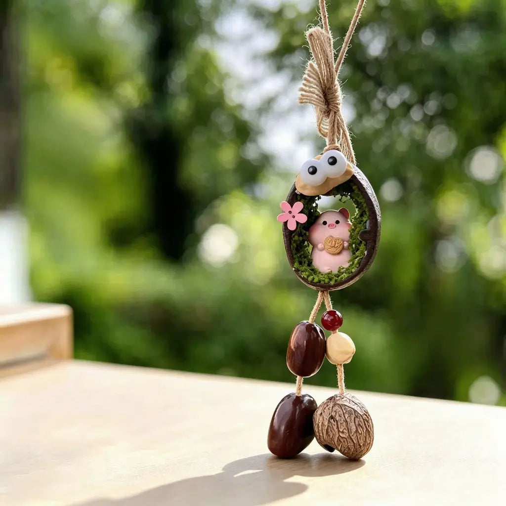 Pig zodiac chime — pink pig holding a lucky coin in a mossy nut shell nest with googly eyes and seed bells