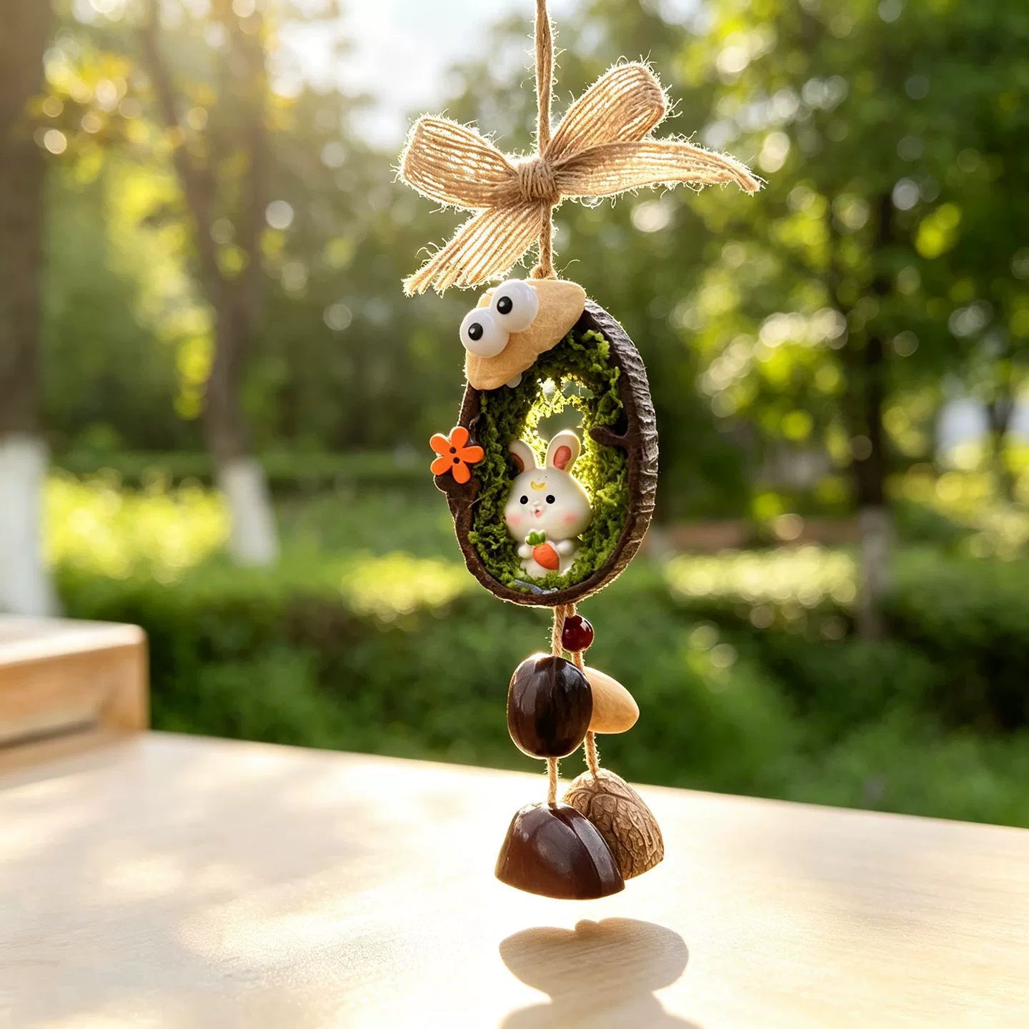 Rabbit zodiac chime — white rabbit holding a carrot, nestled in a mossy nut shell with googly eyes and seed bells, sunny garden