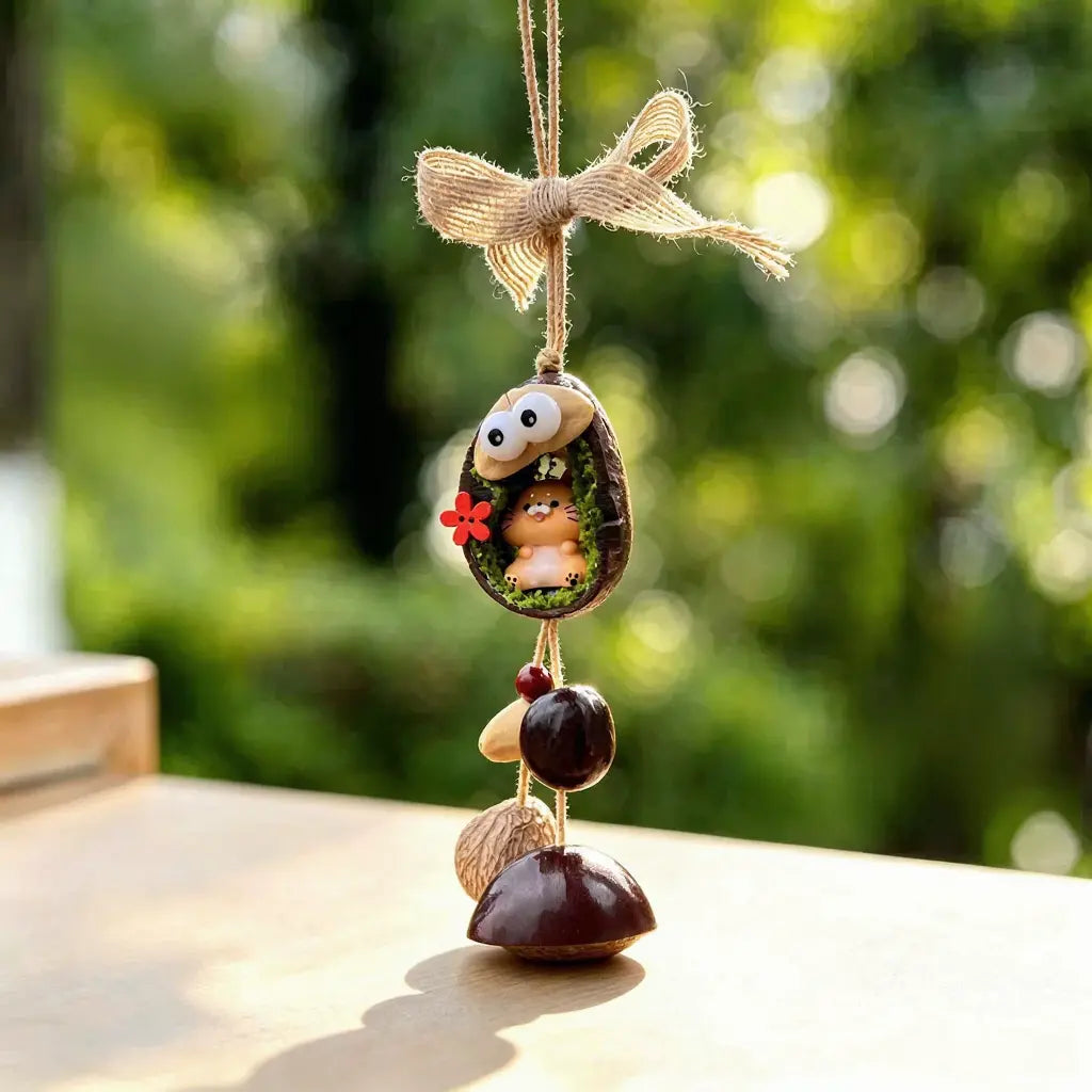 Tiger zodiac chime — little orange tiger in a mossy nut shell nest with googly eyes and seed bells