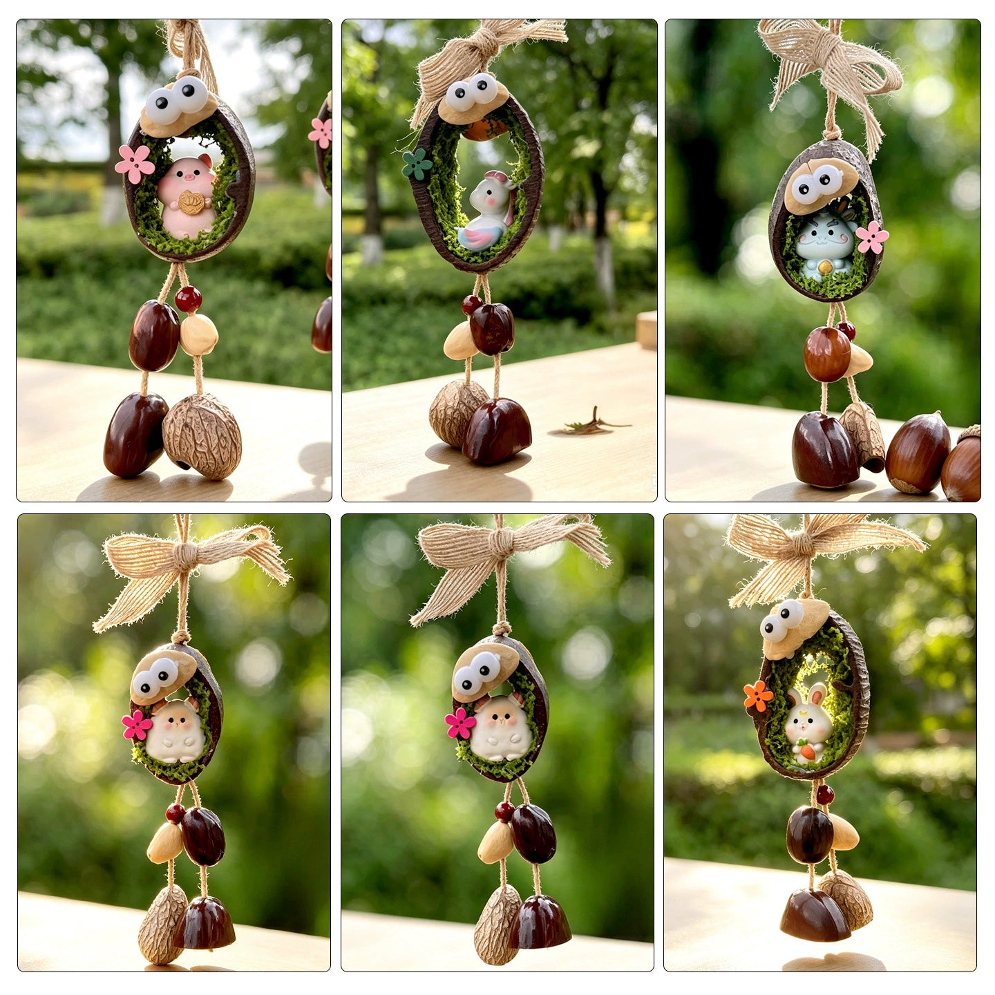 Collection of handmade Chinese zodiac animal nut shell chimes — pig, horse, dragon, goat and rabbit figures in mossy seed-pod nests with googly eyes